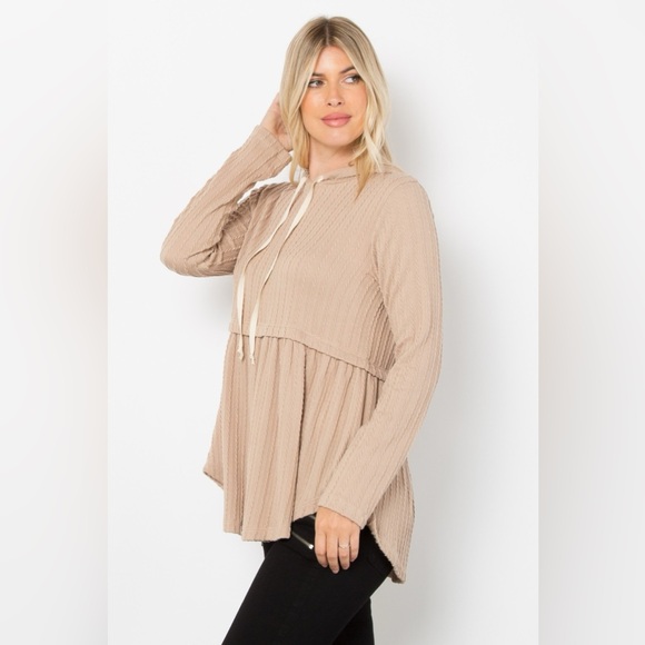 Be Stage Full Size Long Sleeve Peplum Cable Knit Hoodie - Picture 3 of 3